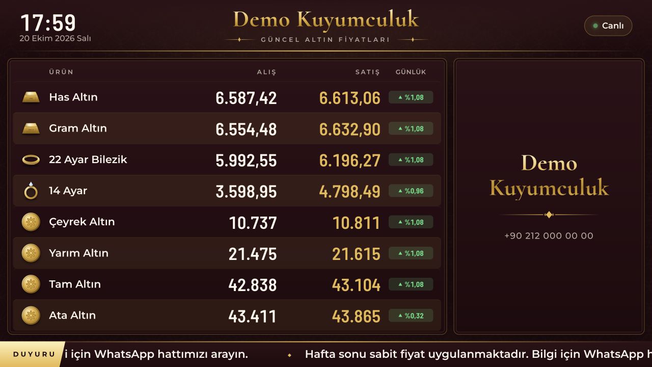Kuyumcu Ekranları sitesindeki bordo ve altın renkli TV demosu; ürünlerin alış ve satış fiyatları ile duyuru bandı.